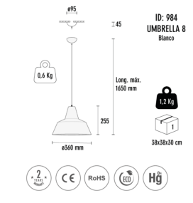 Lámpara colgante decorativa Umbrella 8 blanca E27