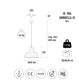Lámpara colgante decorativa Umbrella 10 gris E27