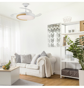 Ventilador de techo led con aspas retráctiles Amapola 45W blanco y madera