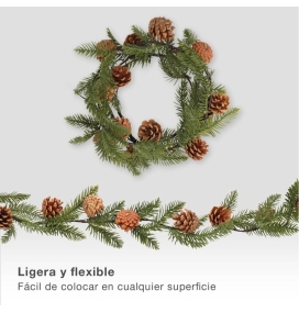 Guirnalda de luces con ramas de pino y piñas 1,4m cálida