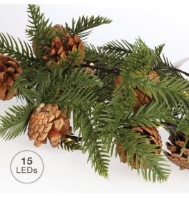 Guirnalda de luces con ramas de pino y piñas 1,4m cálida