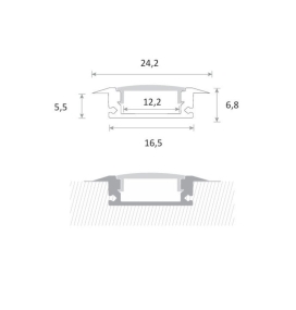 Perfil de aluminio empotrado 2000x24.2x6.8mm con difusor para Tiras LED negro