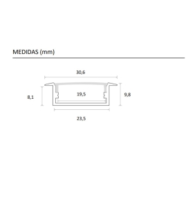 Perfil de aluminio empotrado 2000x30.6x9.8mm con difusor para Tiras LED blanco