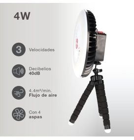 Mini ventilador solar y batería recargable Tanami con luz, carga de móvil y trípode flexible