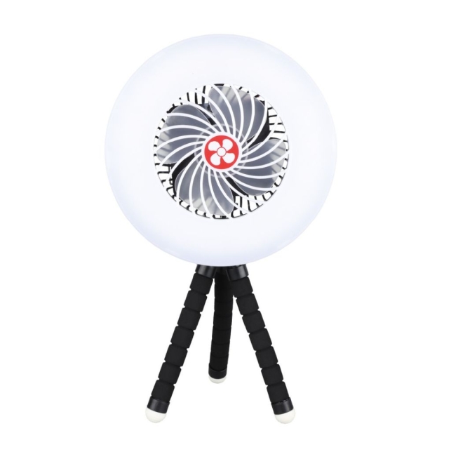 Mini ventilador solar y batería recargable Tanami con luz, carga de móvil y trípode flexible