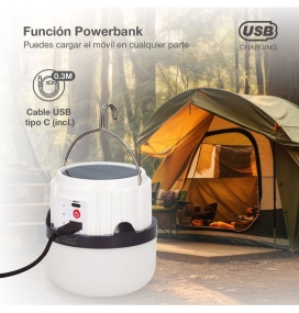 Linterna led solar con batería recargable por USB y carga de móvil
