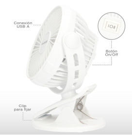 Mini ventilador portátil Clip con batería recargabe USB 3W blanco