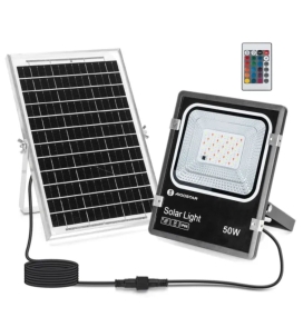 Foco proyector led RGB solar 50W con mando 5m cable Negro