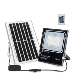 Foco proyector led RGB solar 100W con mando 5m cable negro