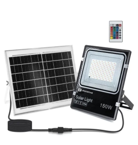 Foco proyector led RGB solar 150W con mando 5m cable negro