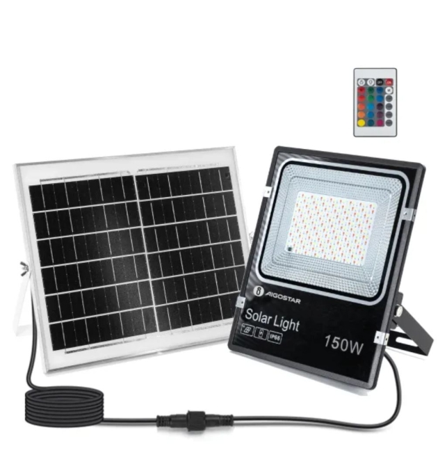 Foco proyector led RGB solar 150W con mando 5m cable negro