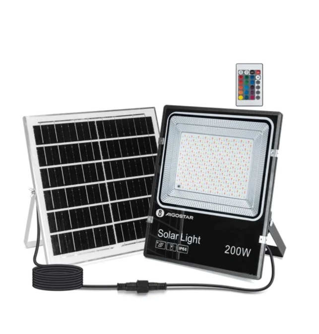 Foco proyector led RGB solar 200W con mando 5m cable negro