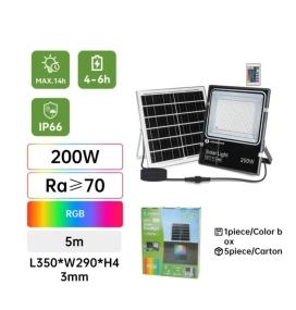 Foco proyector led RGB solar 200W con mando 5m cable negro