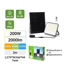 Foco proyector led solar CTT 200W con mando 2m cable