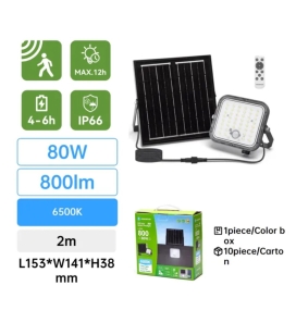 Foco proyector led solar con sensor de movimiento 80W 6500K con mando 2m cable