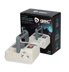 Linterna led solar con batería recargable por USB y gancho para colgar