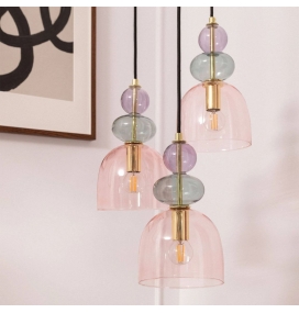 Lámpara de techo colgante con 3 tulipas de cristal oro y rosa