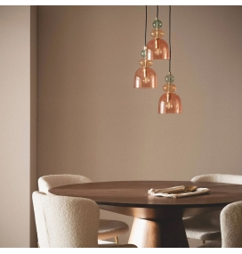 Lámpara de techo colgante con 3 tulipas de cristal oro y rojo