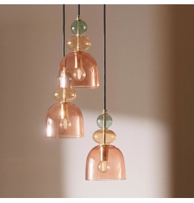 Lámpara de techo colgante con 3 tulipas de cristal oro y rojo