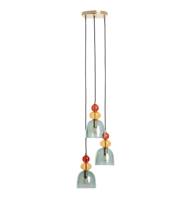 Lámpara de techo colgante con 3 tulipas de cristal oro y verde