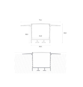 Perfil de empotrar en pladur oculto negro ancho 34,8x72,1mm con difusor negro 2 metros