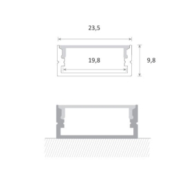 Perfil de aluminio superficie doble tira 2000x23.5x9.8mm con difusor para Tiras LED blanco