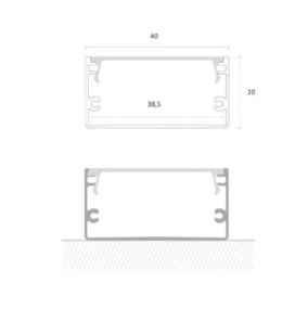 Perfil de aluminio superficie extra grande 2000x40x20mm con difusor para Tiras LED plata