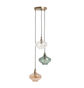 Lámpara de techo colgante con 3 tulipas de cristal cobre, verde y transparente