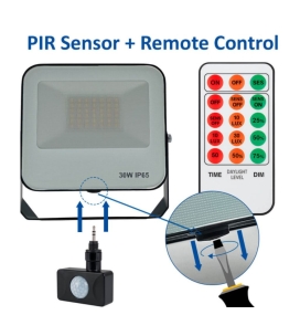 Foco proyector led 30W con sensor de movimiento y mando negro 4000K