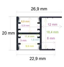 Perfil de aluminio para armarios 26,9x20mm 2 metros plata