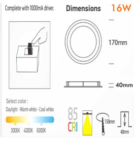 Downlight led 16W chip Osram con 3 tonos de luz