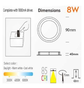 Downlight led 8W chip Osram con 3 tonos de luz